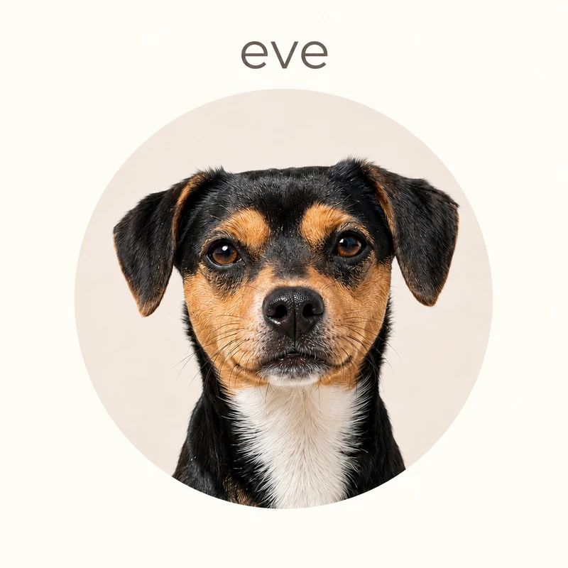 Retrato de Eve, perrita negra, café y blanca